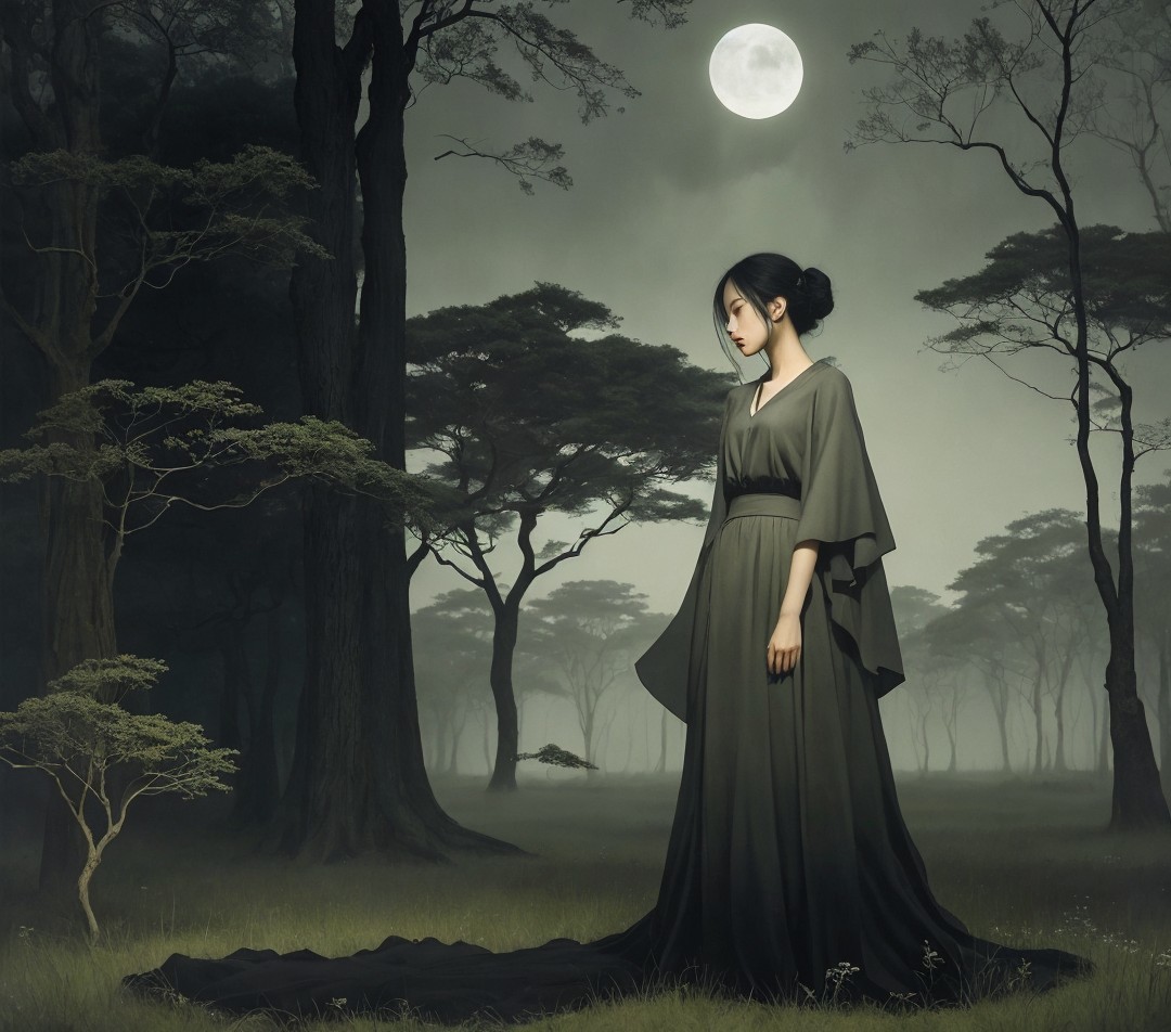 Lone Figure in Misty Ethereal Landscape at Night