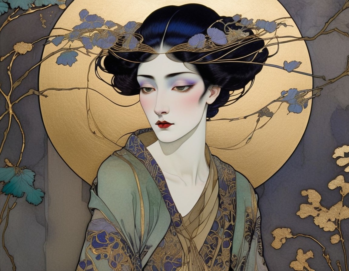 Illustrated Portrait of Woman in Traditional Kimono