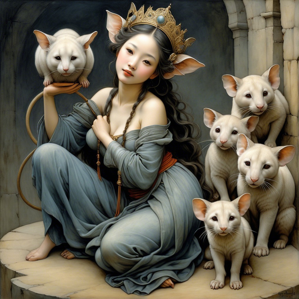 Serene figure with crown surrounded by whimsical creatures