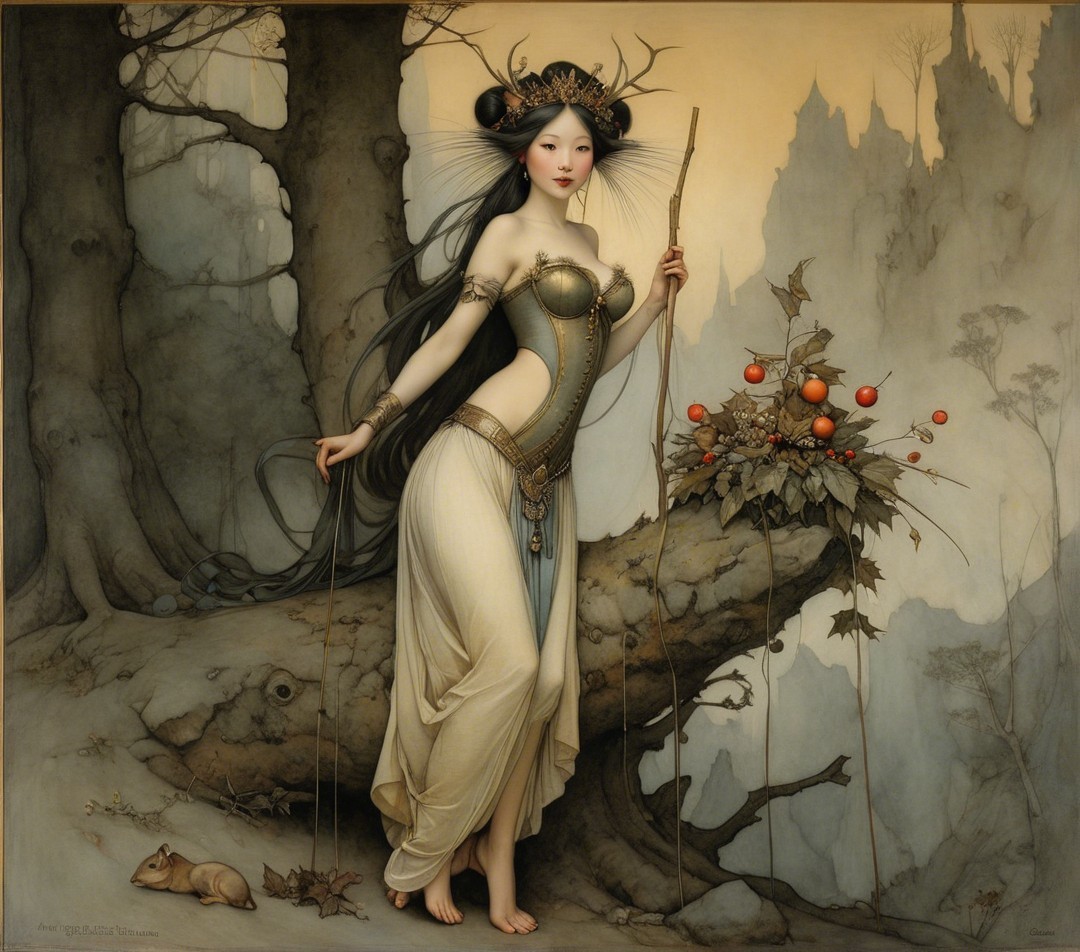 Mystical figure on tree branch with natural elements