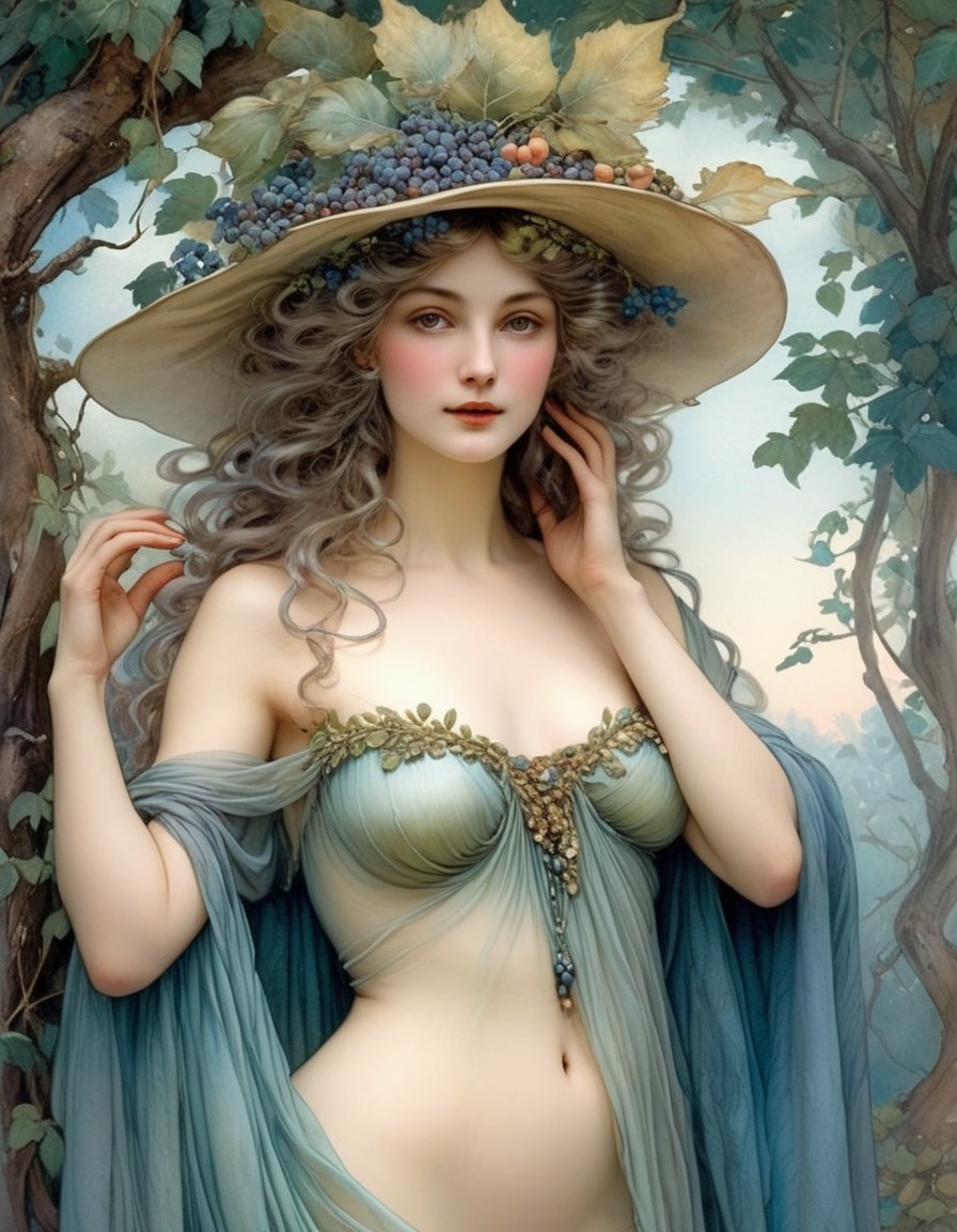 Portrait of Woman with Flowing Hair, Beret Hat, Draped Garment, Trees Background