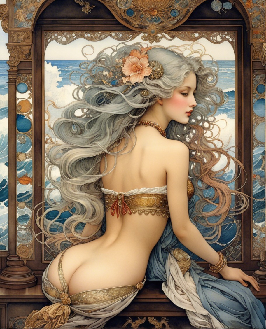 Fantasy Scene with Silver-Haired Woman and Architecture