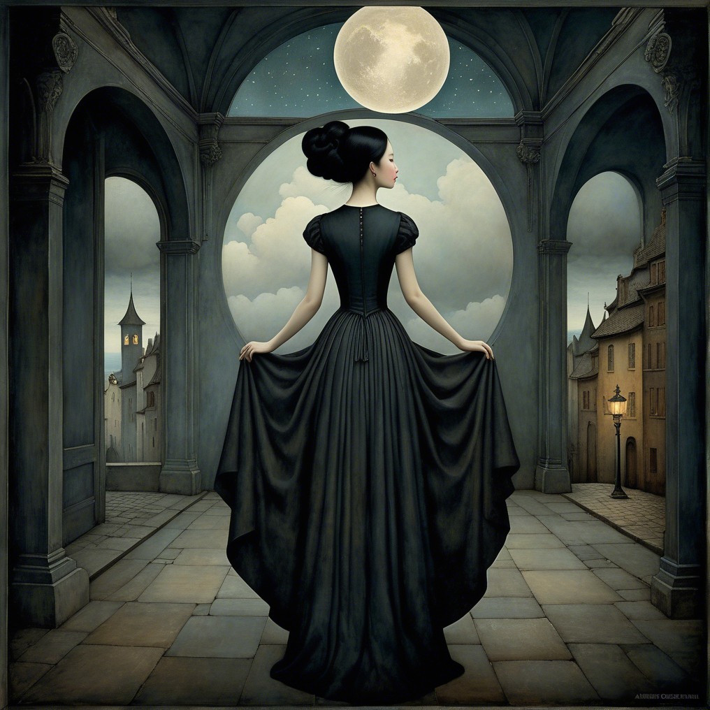 Elegant Woman in Black Gown Overlooking Moonlit Scene