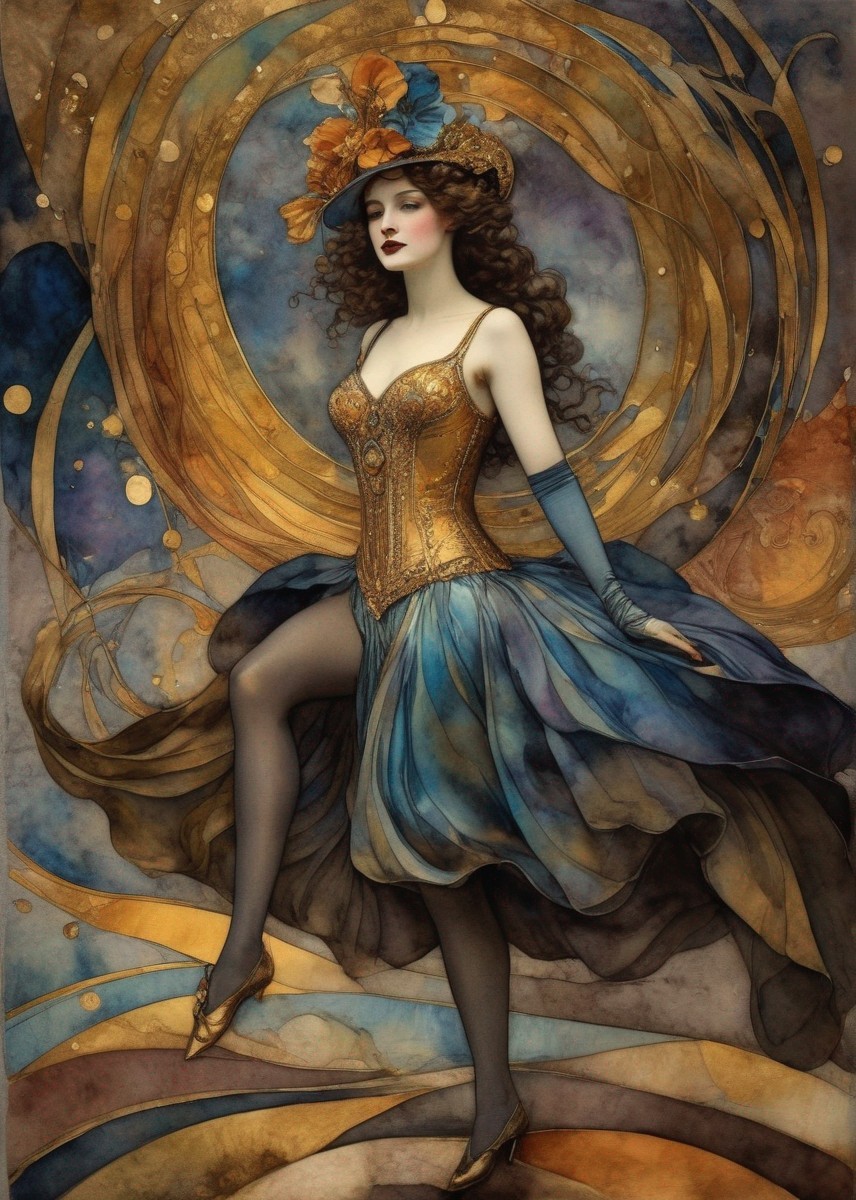 Steampunk-style woman in corset and hat against golden clockwork backdrop
