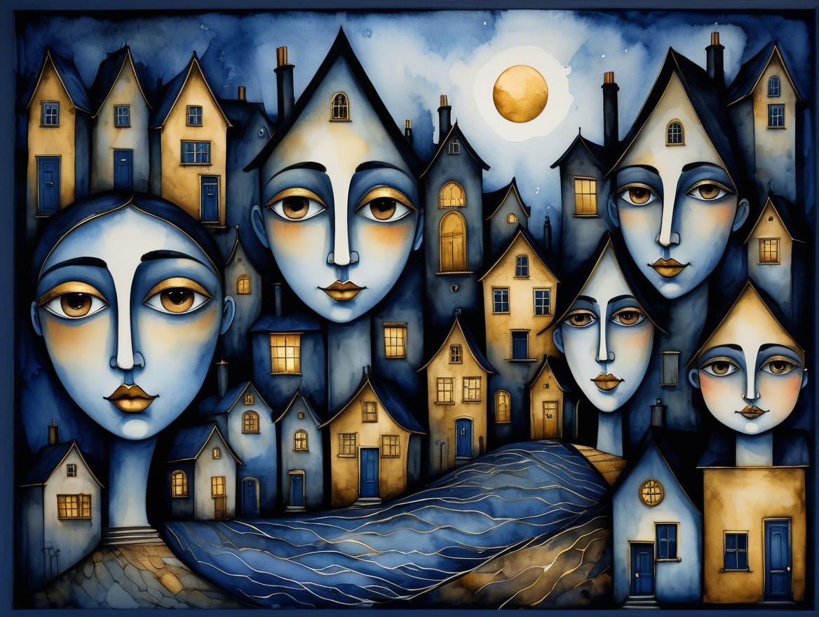 Surreal Landscape with Angular Houses and Ghostly Figures