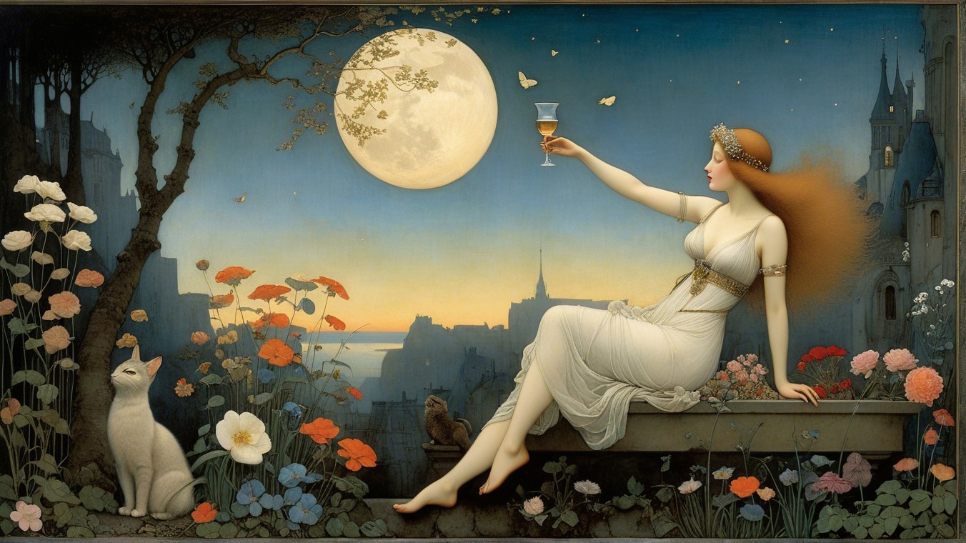 Moonlit Scene with Woman, Flowers, and Cat