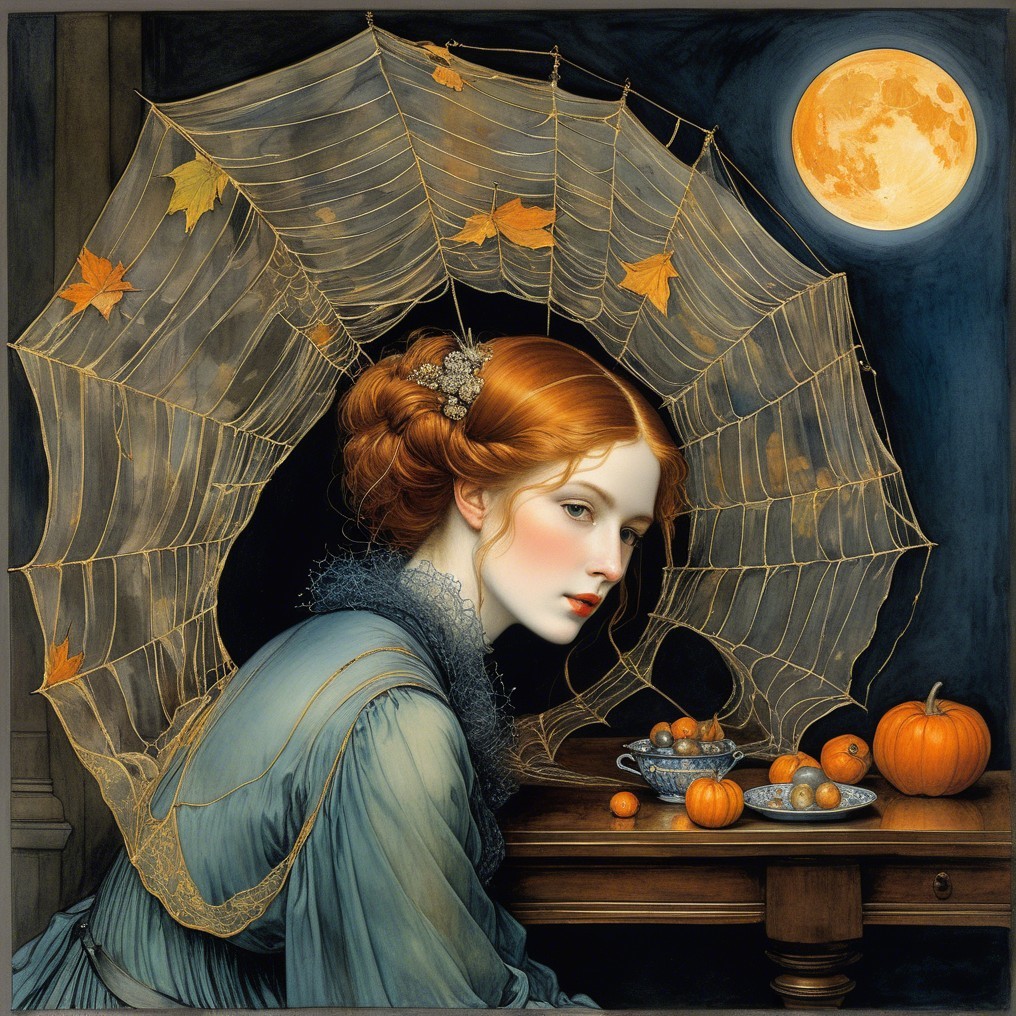 Portrait of a Young Woman with Red Hair and Pumpkins