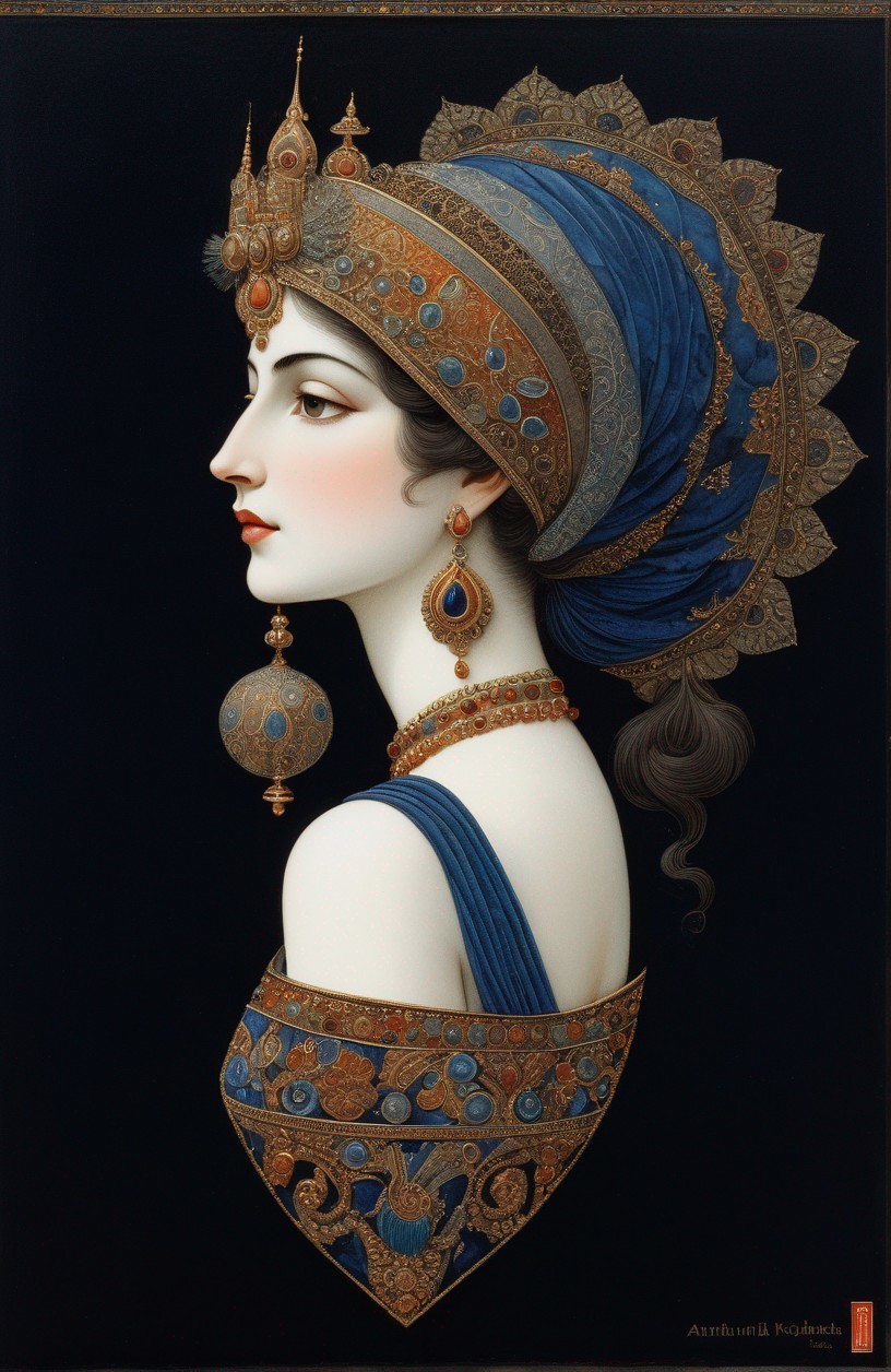 Illustrated Profile of Woman in Jeweled Headdress