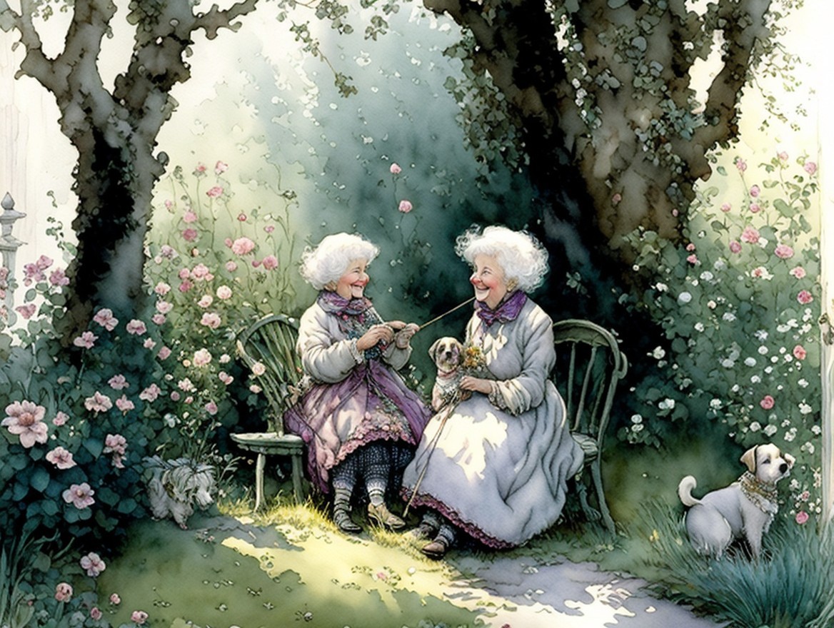Elderly Women Knitting in a Rose Garden Setting