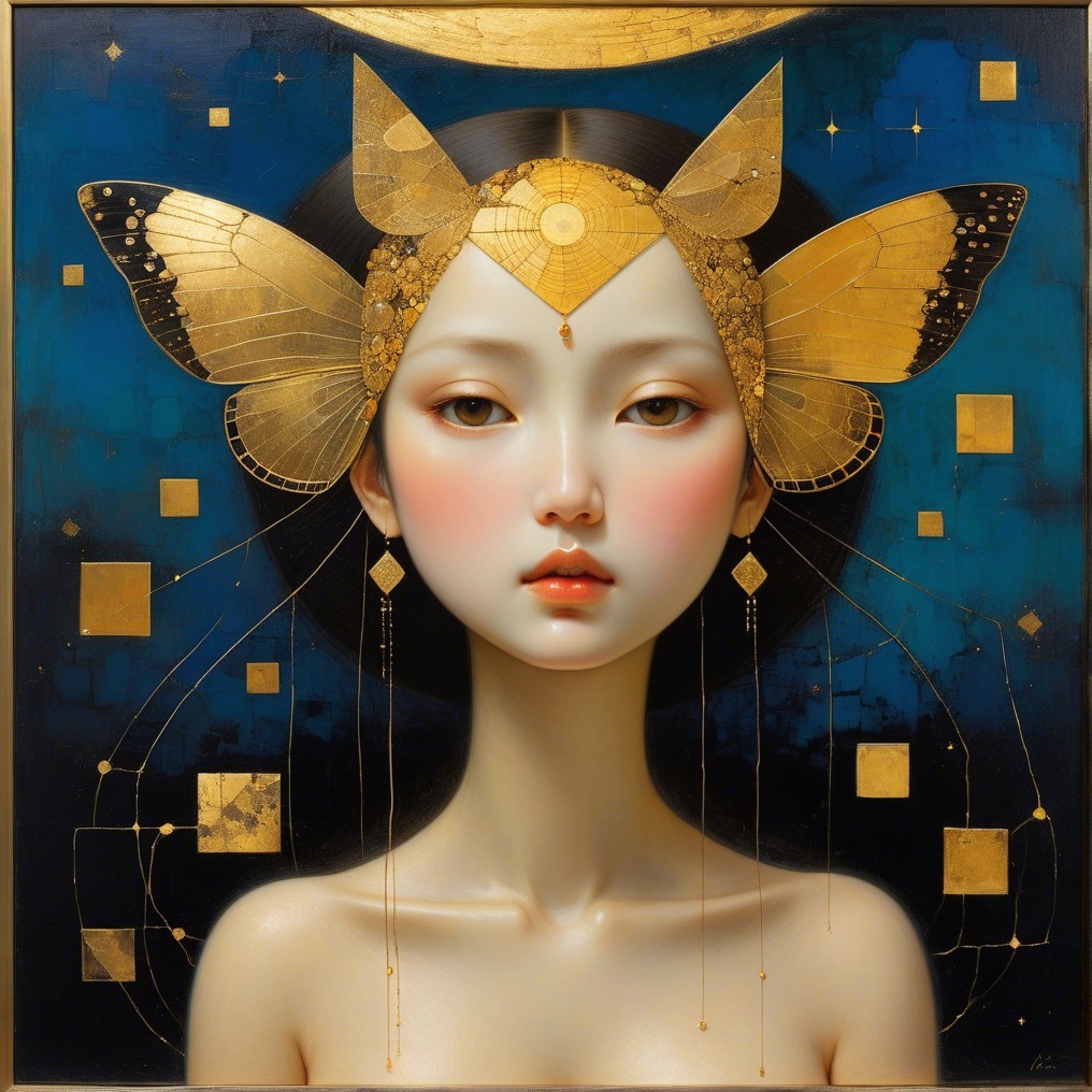Serene Young Woman with Golden Butterfly Headdress