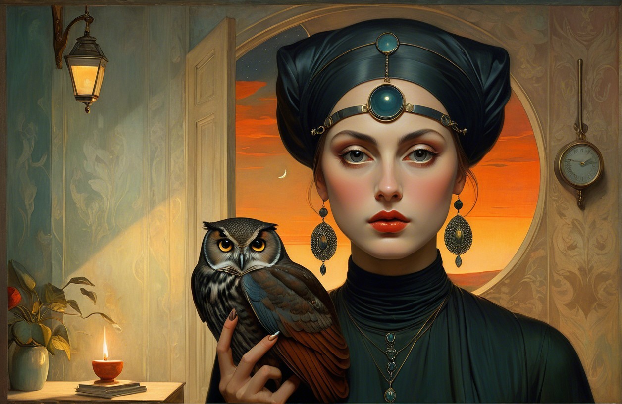 Woman in Black Gown with Owl at Sunset Window