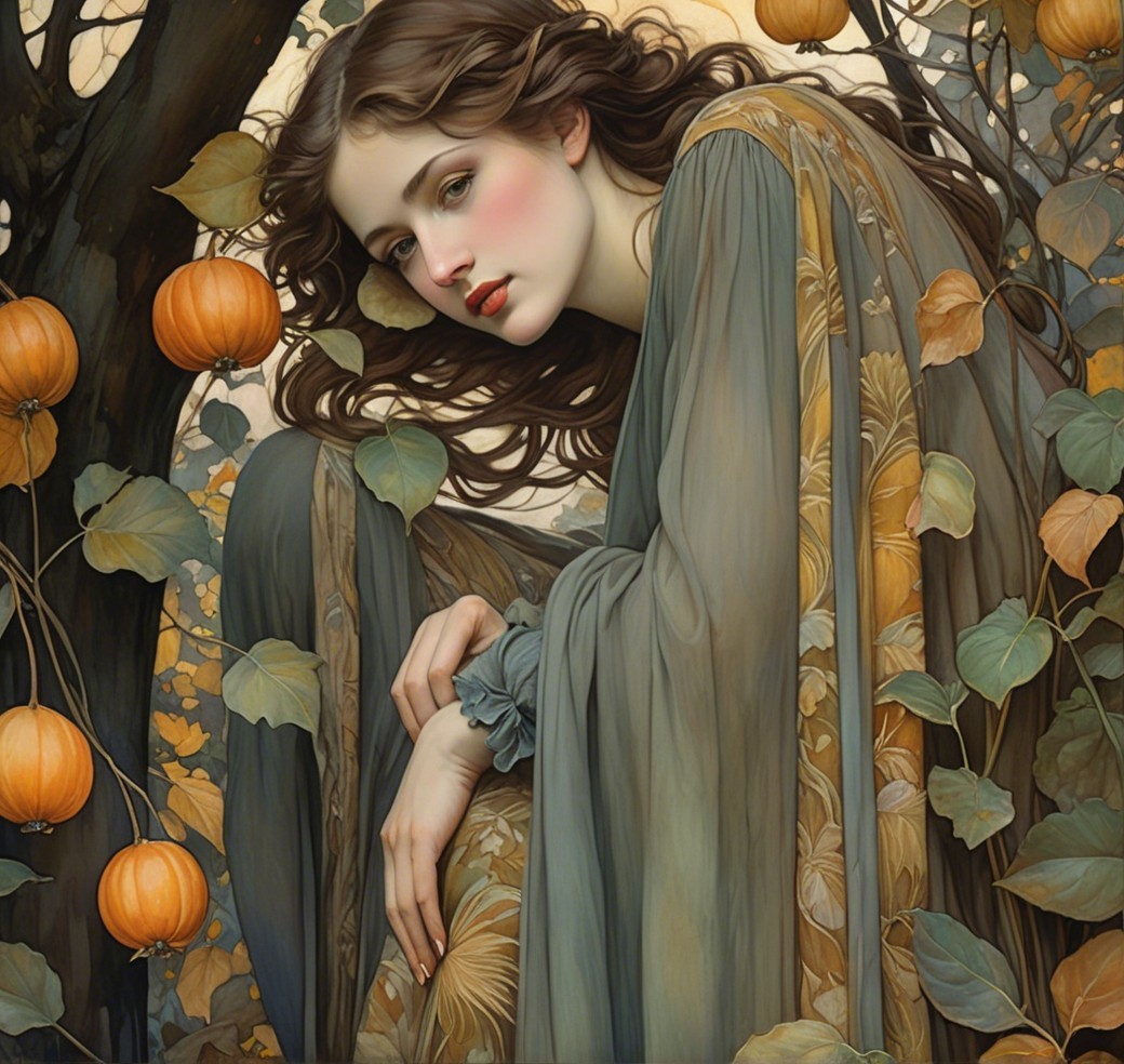 Serene Woman in Autumn Foliage and Pumpkins