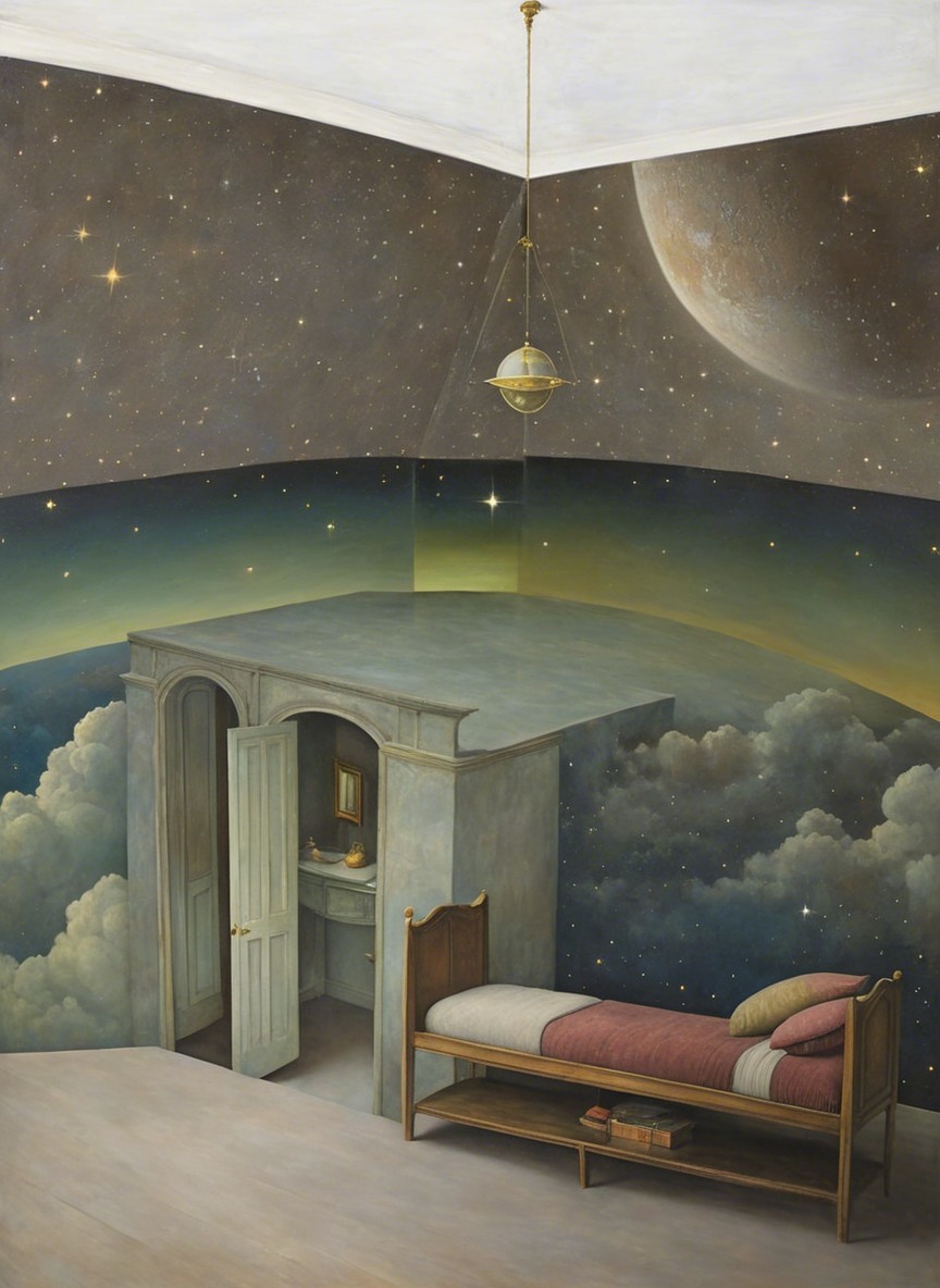 Surreal Bedroom Merging with Cosmic Landscape