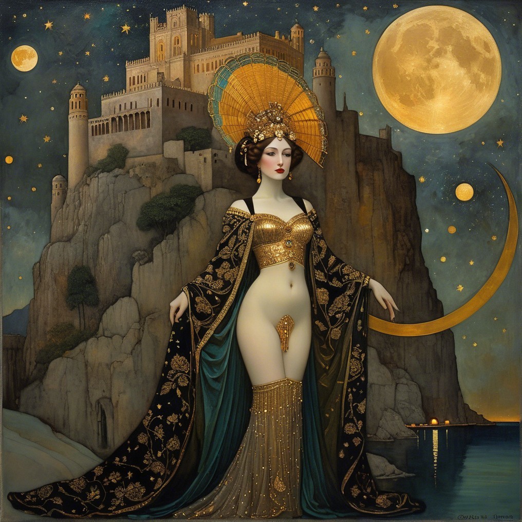 Mystical figure in black and gold gown under moonlight