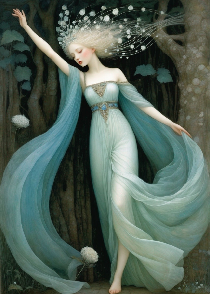 Ethereal figure in flowing blue garments with dandelion headdress in forest