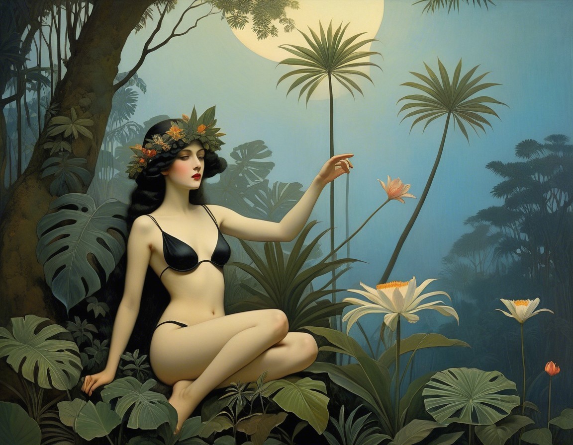 Woman in Floral Crown Surrounded by Tropical Foliage