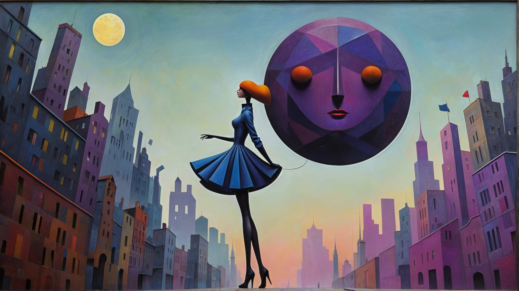 Surreal Cityscape with Woman and Abstract Moon