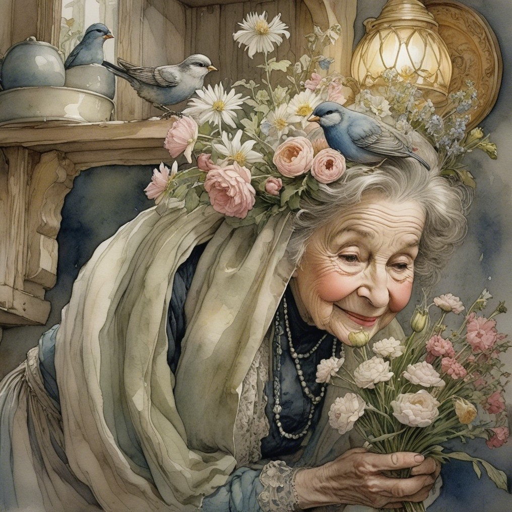 Elderly woman arranging flowers in a rustic setting