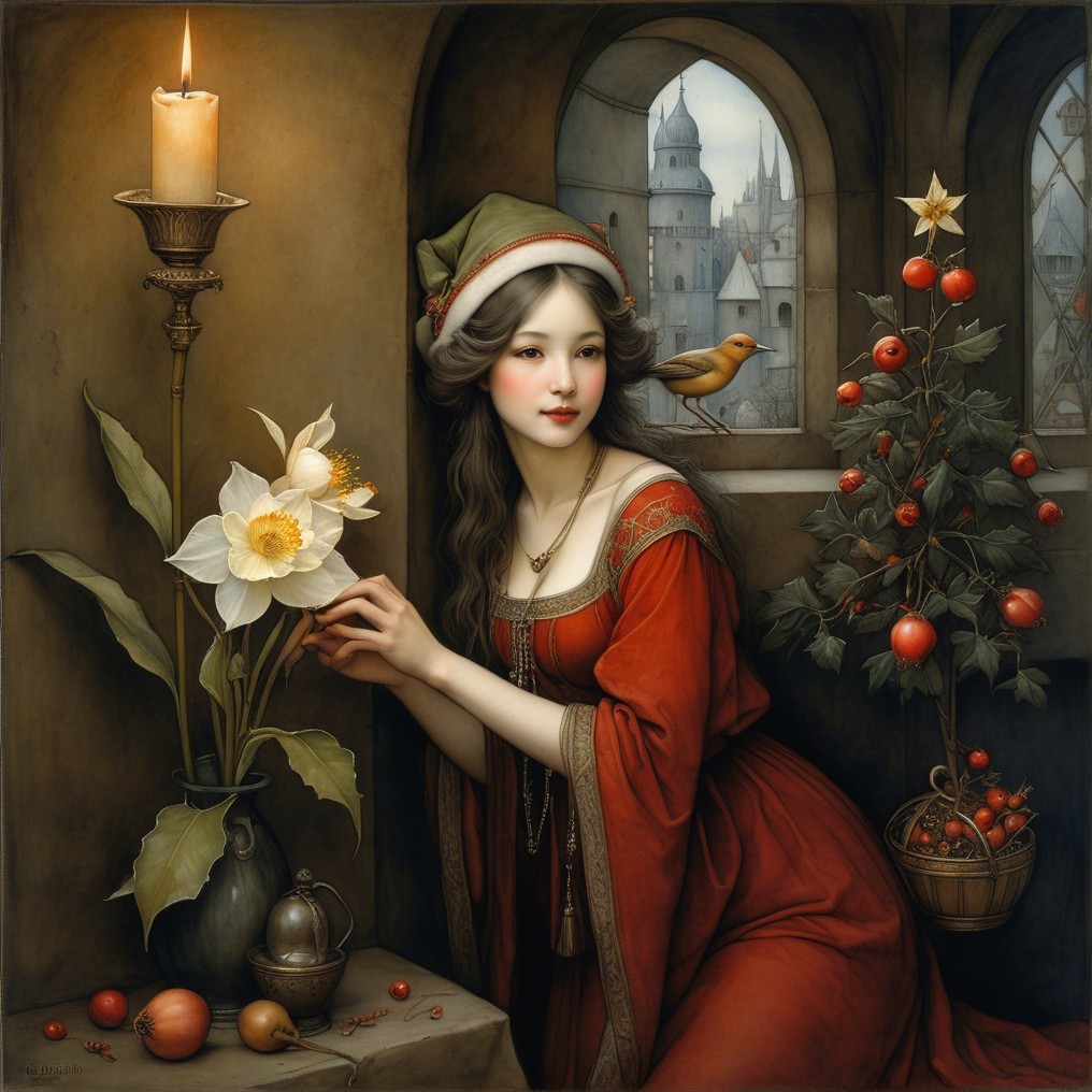 Serene Woman in Red Gown by Stone Window
