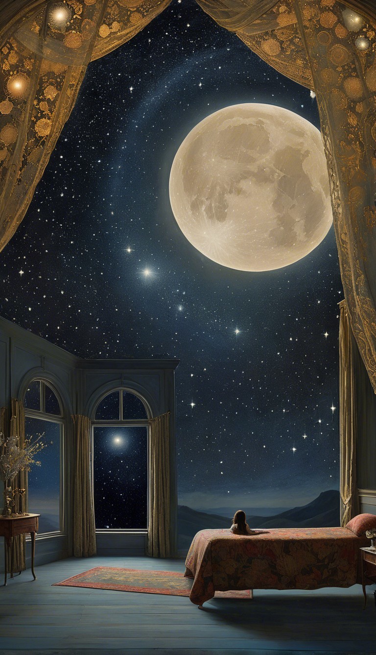 Serene Bedroom with Night Sky and Elegant Decor
