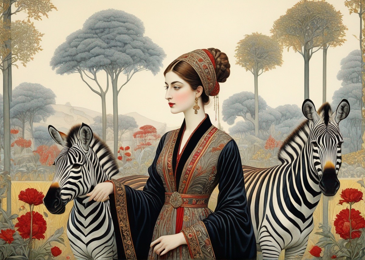 Woman in Traditional Attire with Zebras in Forest Scene