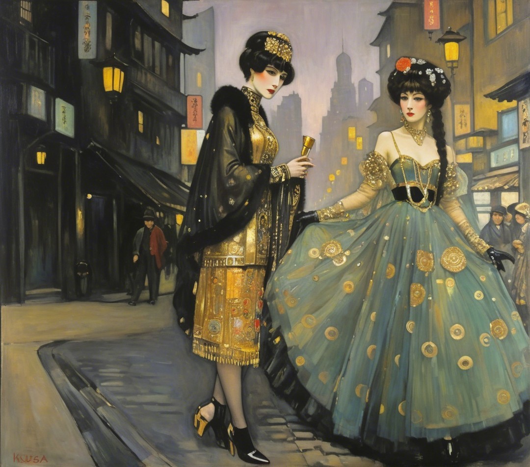 Elegant Women in Vibrant Street Scene with Lanterns