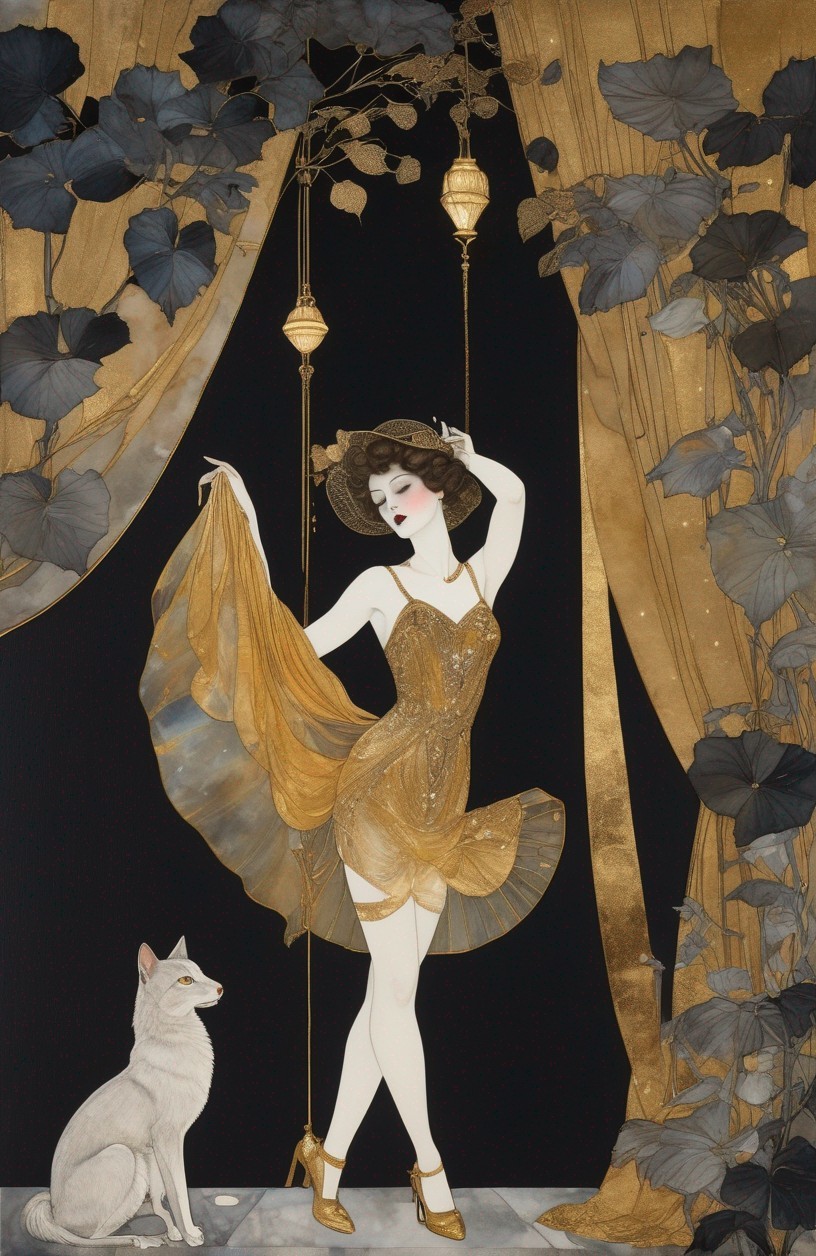 Art Deco Illustration of Elegant Woman with Dog