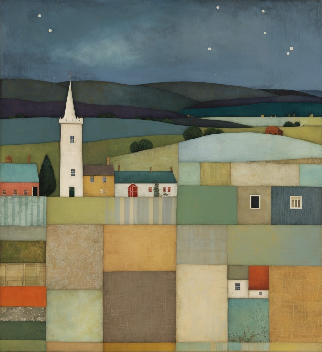 Whimsical Village Landscape with Twilight Sky and Hills
