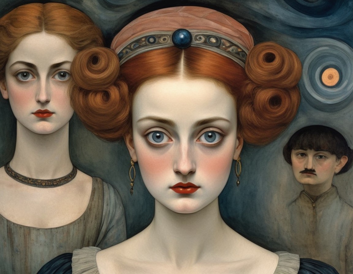 Three Figures with Expressive Features and Abstract Background