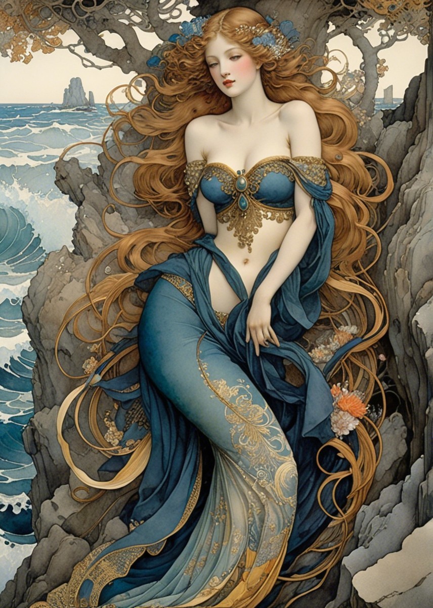Mystical Muse on Rocky Shoreline with Ocean Backdrop