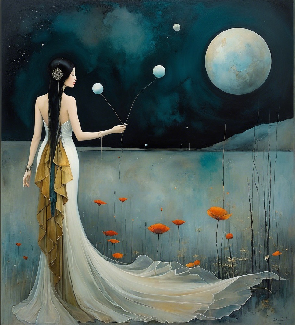 Mysterious Woman in Elegant Gown Under Luminous Moon