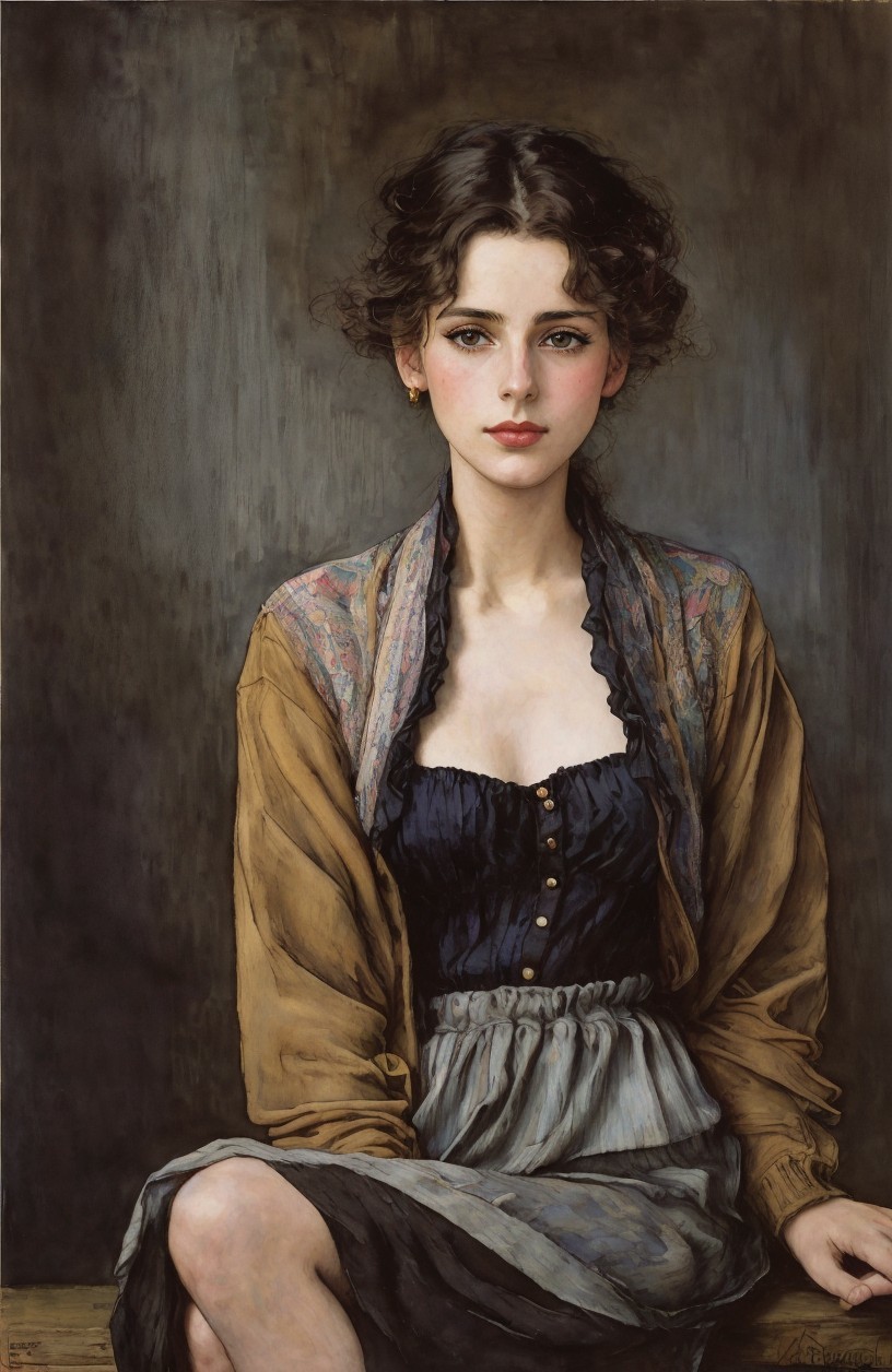 Portrait of young woman with dark hair in braid, golden blouse, grey skirt against dark background.