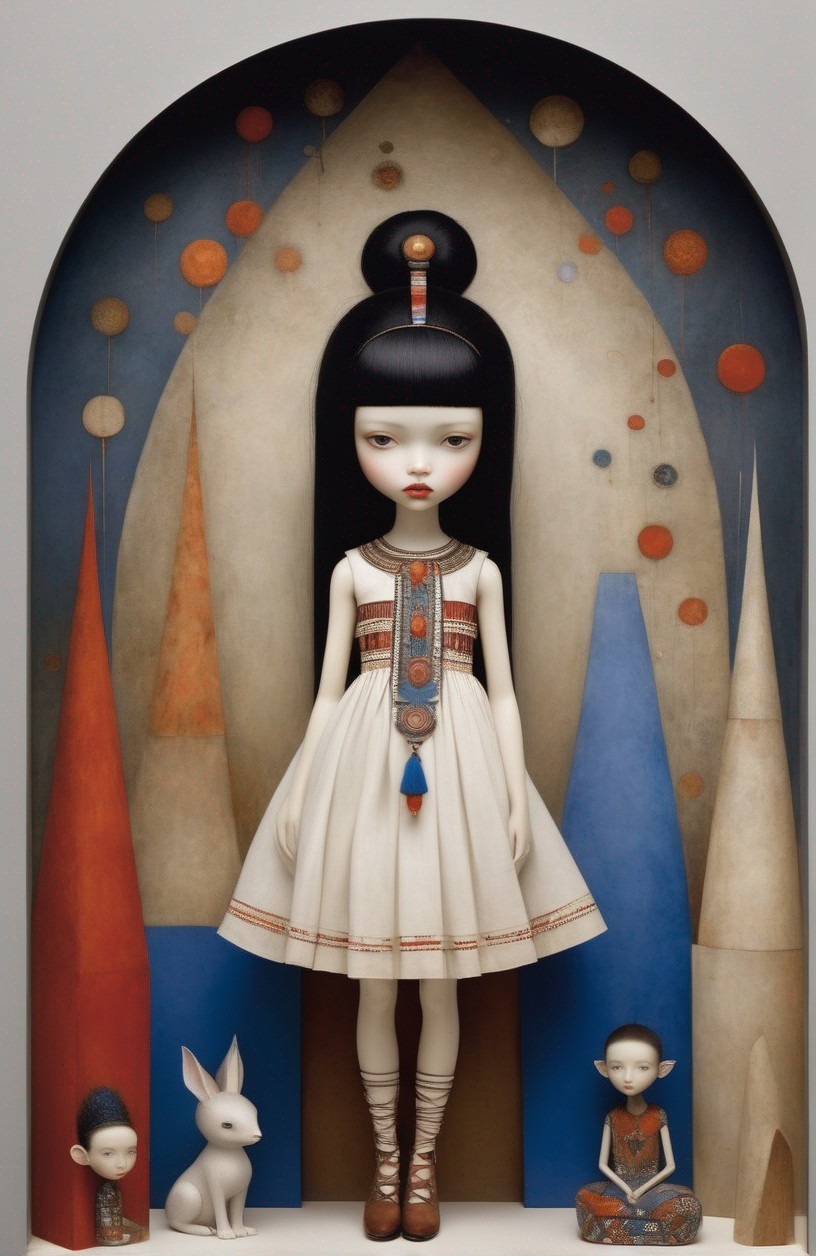 Solemn doll-like figure surrounded by smaller figures and a white rabbit