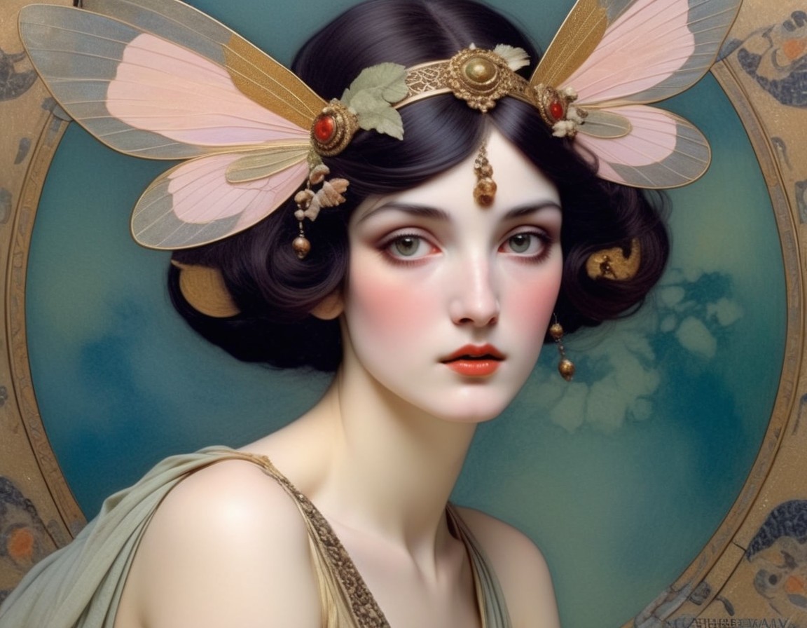Portrait of a woman with butterfly wings and jewelry