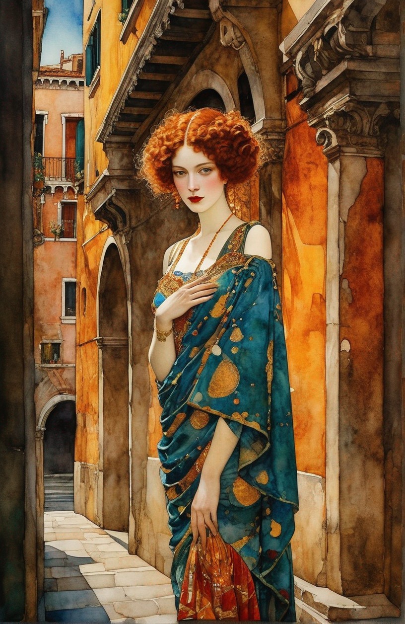 Stylized painting of woman with red hair in blue sari against Venice-like backdrop