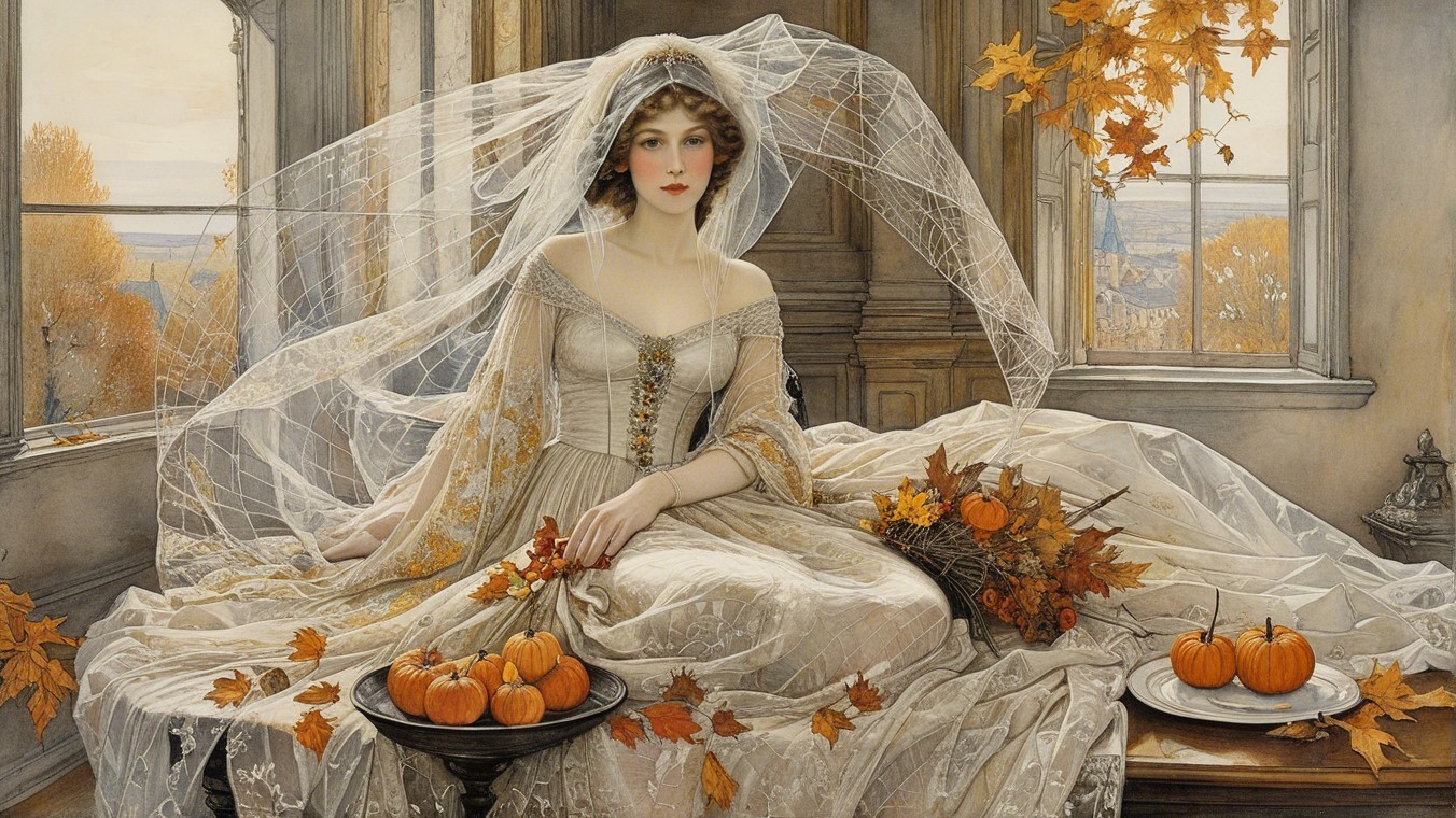 Elegant figure in wedding gown in sunlit room