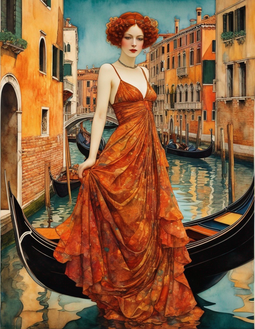 Illustration of woman with red hair in gondola on Venetian canal