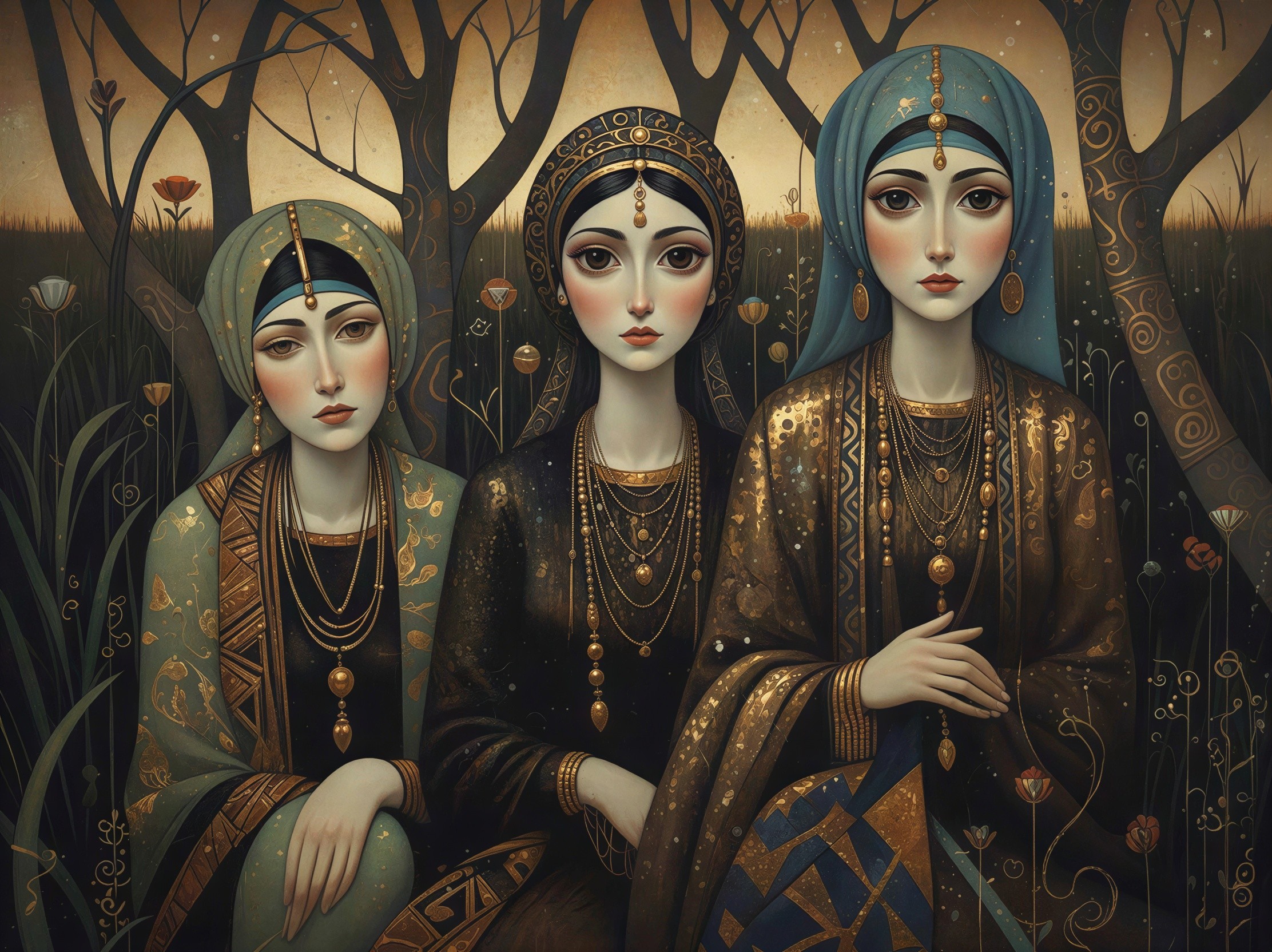Three Women in Traditional Attire in Dark Forest Setting