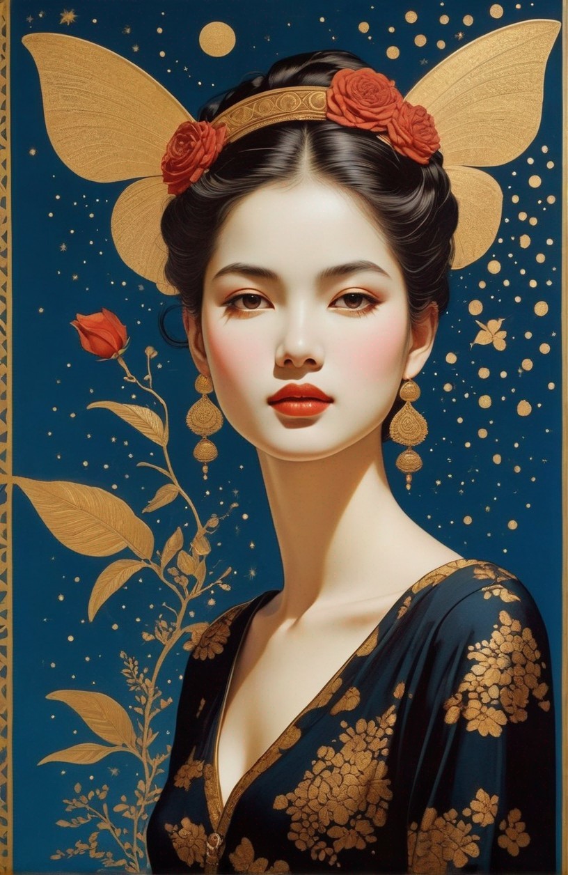 Serene Young Woman with Butterflies and Floral Accents