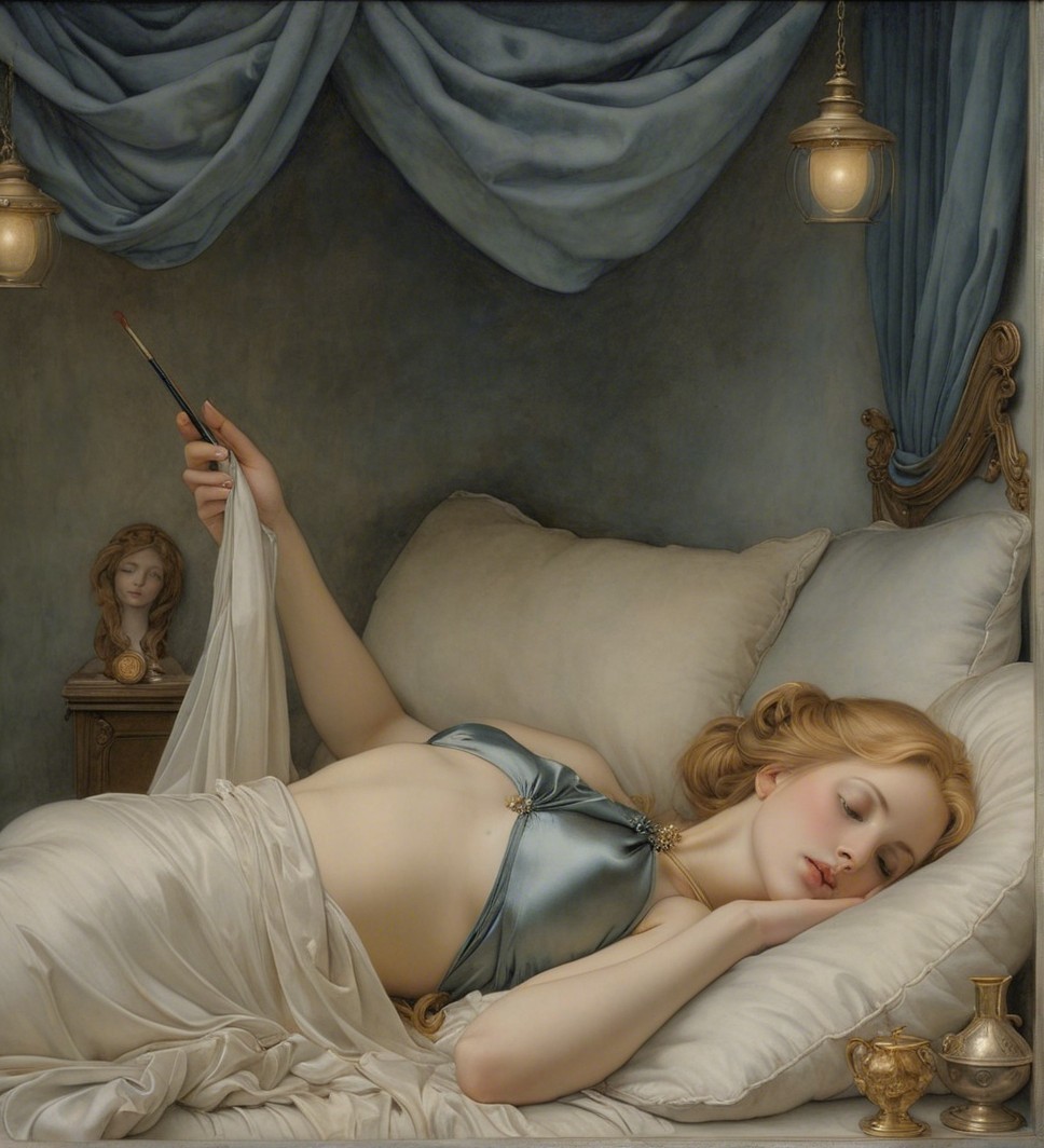 Serene Woman Sleeping in Elegant Draped Chamber
