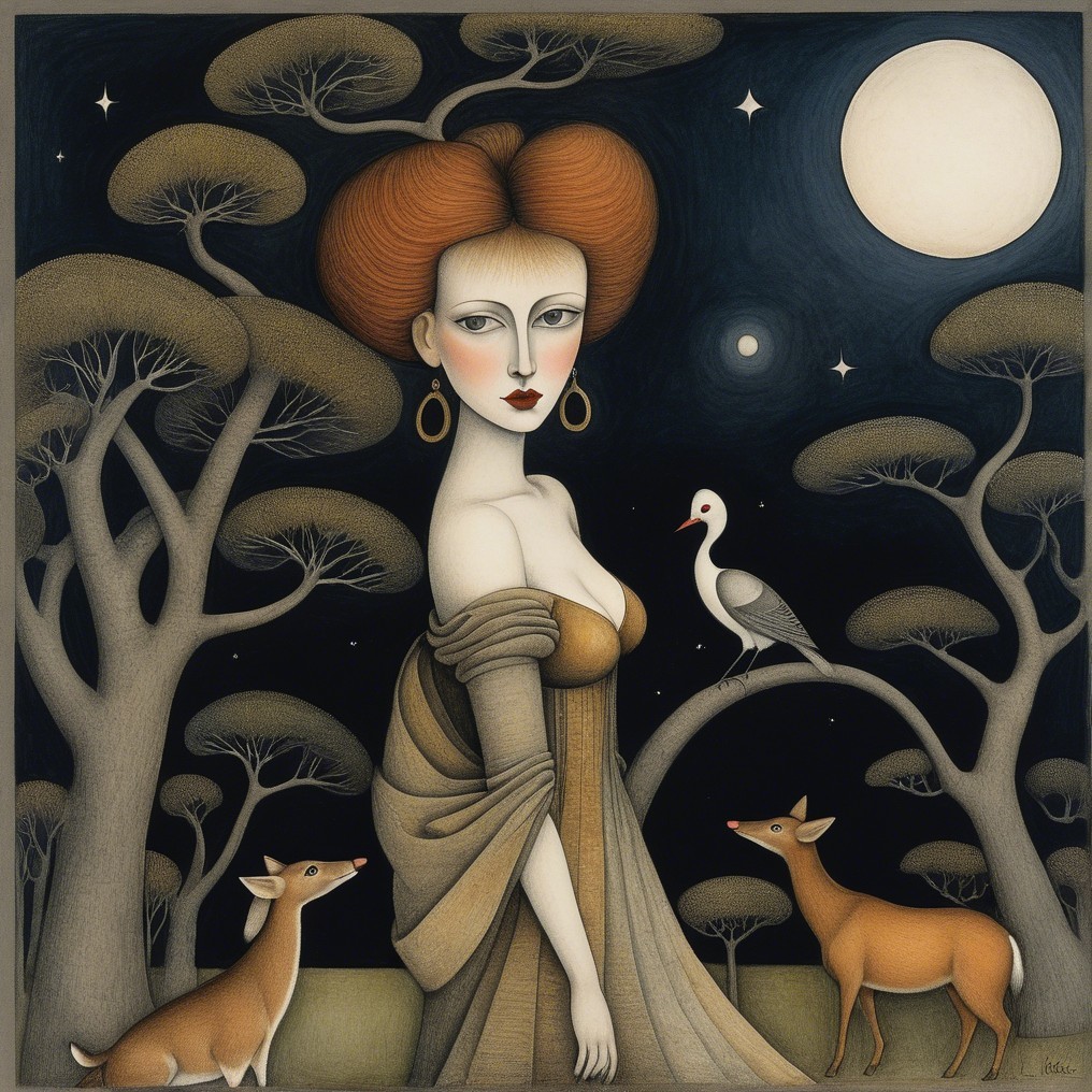 Stylized woman in moonlit forest with deer and stork