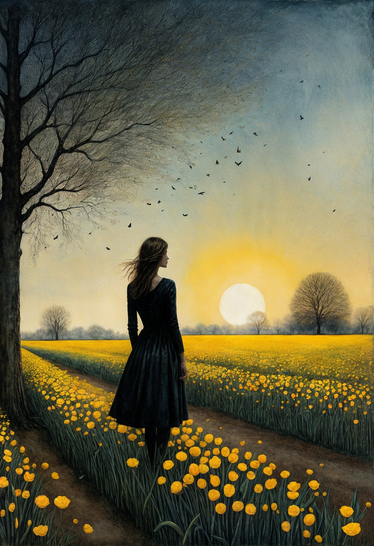 Woman in Black Dress in Yellow Flower Field at Sunset