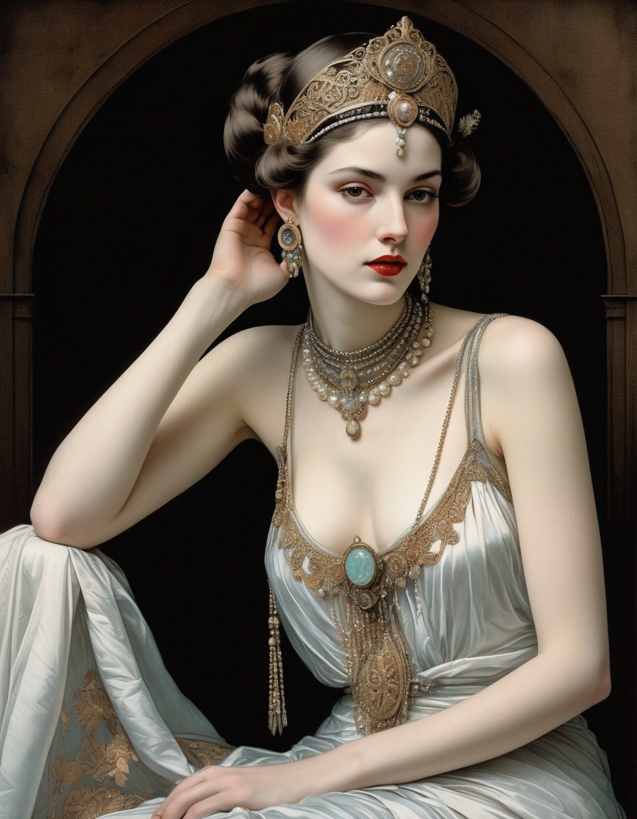 Vintage-styled woman in tiara and gown posing with hand on ear