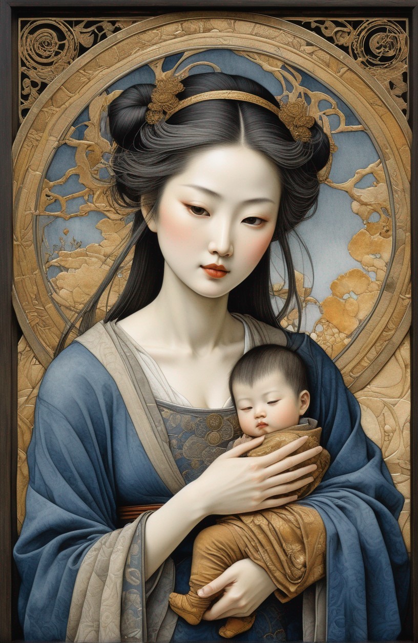 Asian Woman in Traditional Attire with Baby Artwork