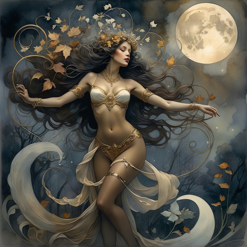 Mystical Figure Dancing Under Full Moonlight