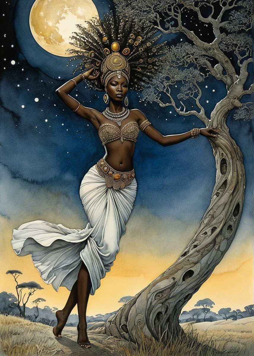 Majestic figure dancing under a full moon at twilight