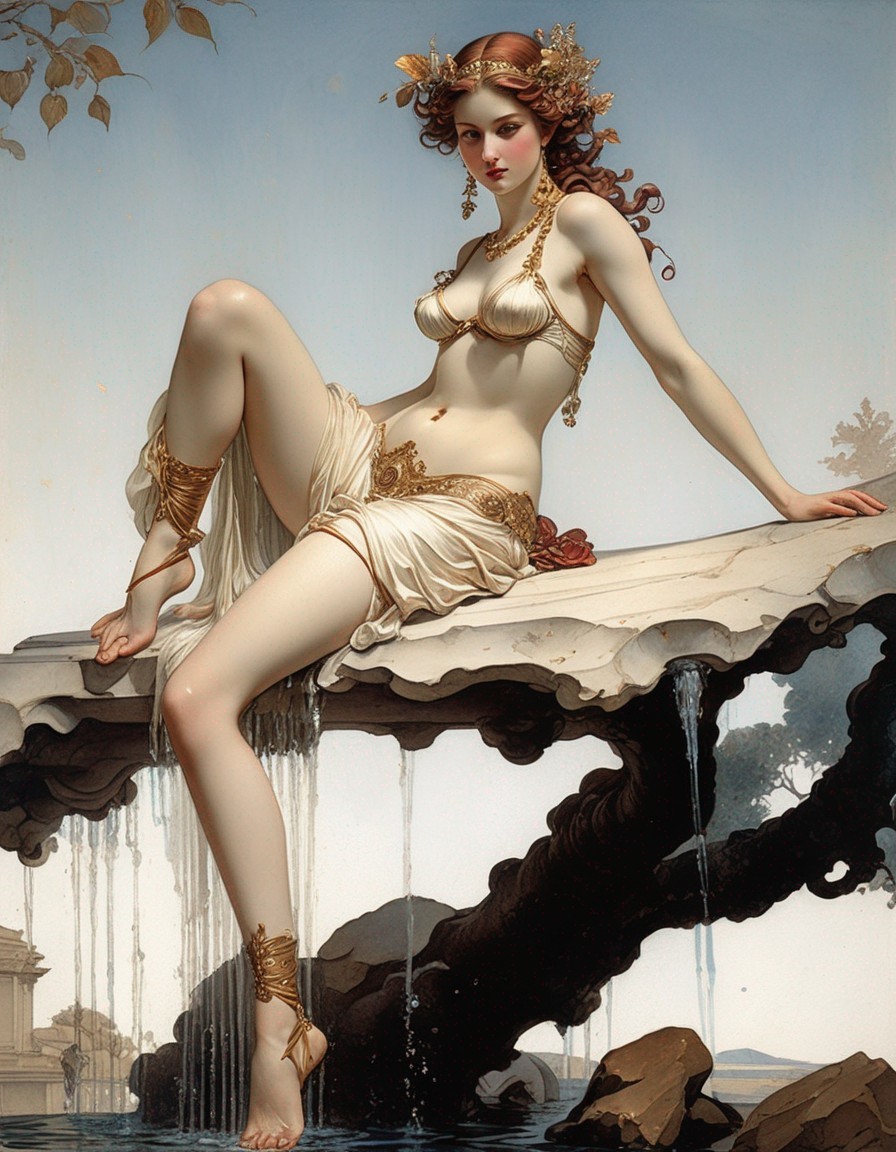 Mythological goddess-inspired woman by water with golden accessories