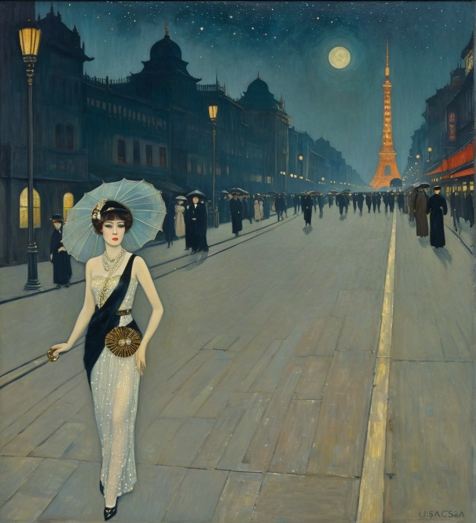 Glamorous Woman in Sparkling Gown on Paris Street