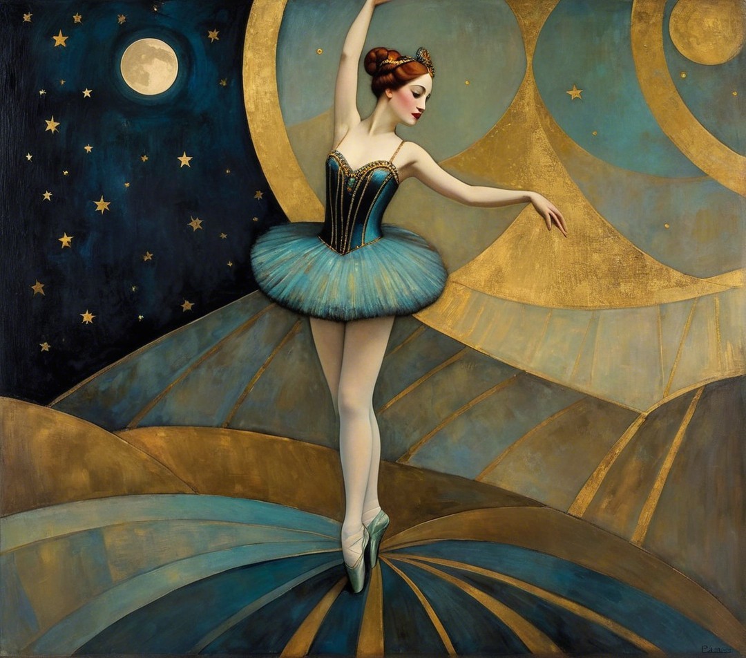 Ballerina in Blue Tutu on Abstract Starry Stage
