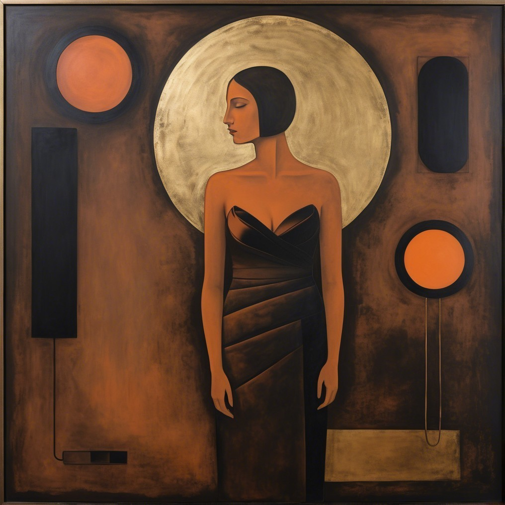 Stylized Female Figure in Dark Dress with Golden Circle